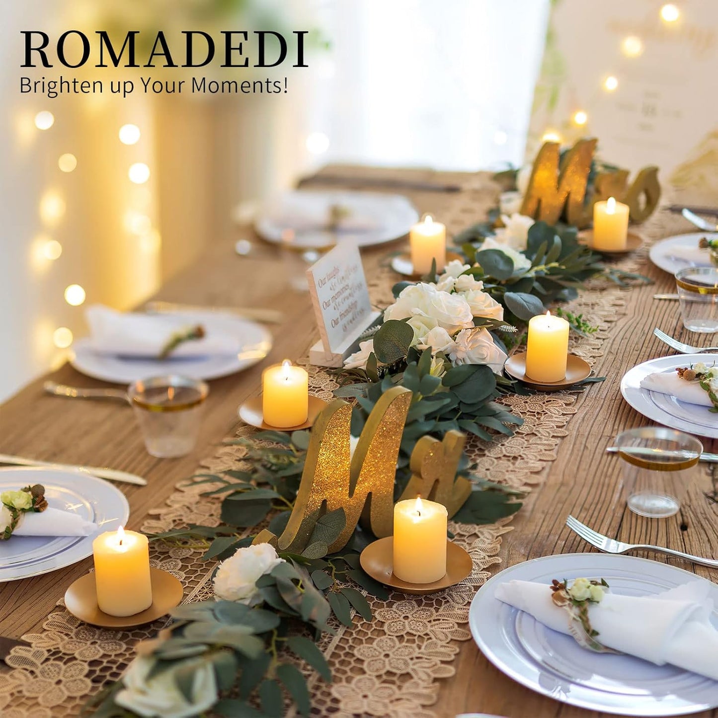 Romadedi Iron Plate Candle Holder - Gold Candle Holders for Pillar Candles, Set of 2 Small Candle Tray Pillar Candle Holder Plate Metal Candle Stand for Coffee Table Decor, Wedding, Party, Home Decor