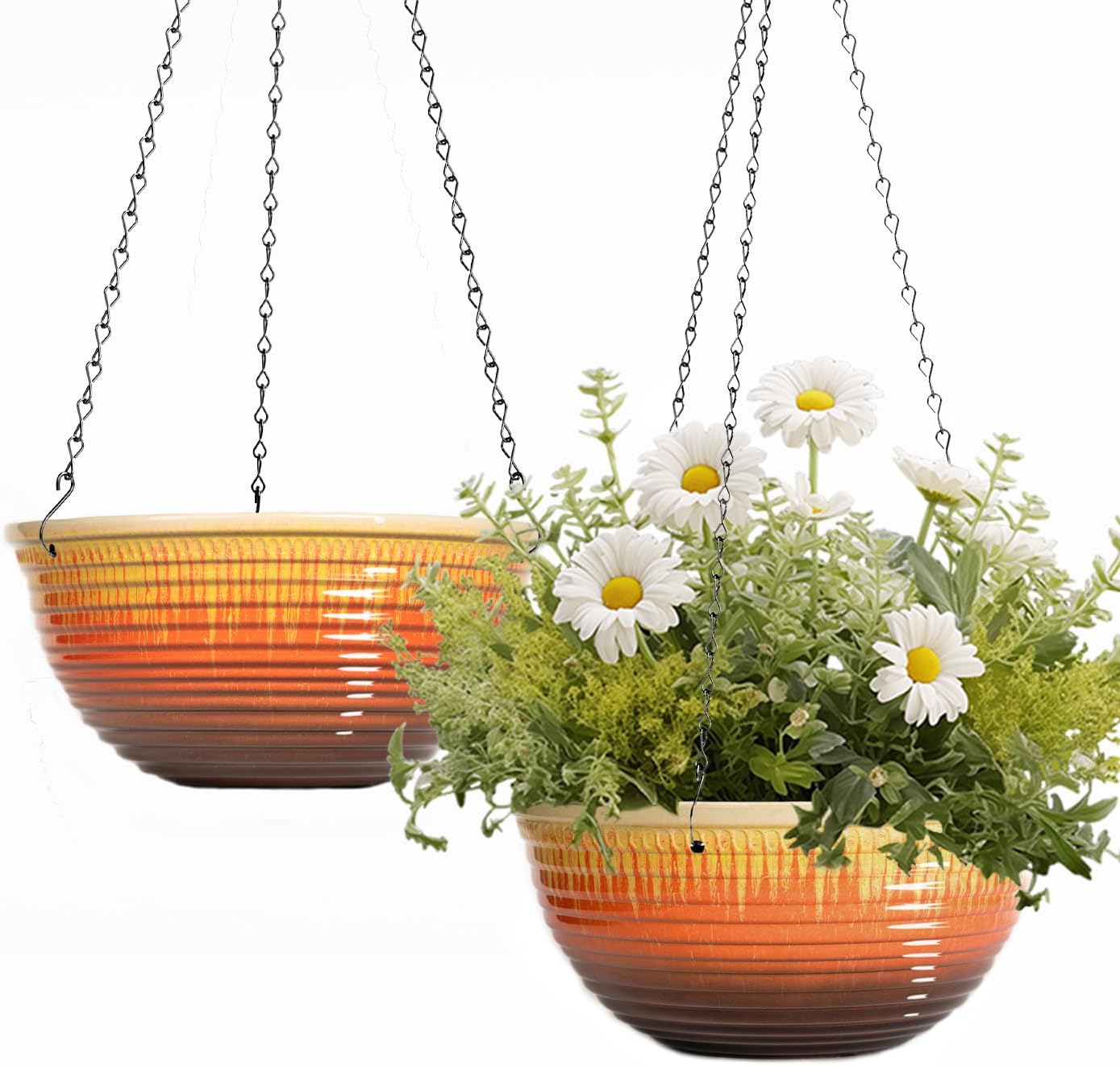12 inch Large Hanging Planters for Indoor Outdoor Plants, Set of 2 Glazed Hanging Flower Pots with Drainage Hole, Hanging Baskets for Garden Home Porch Decor