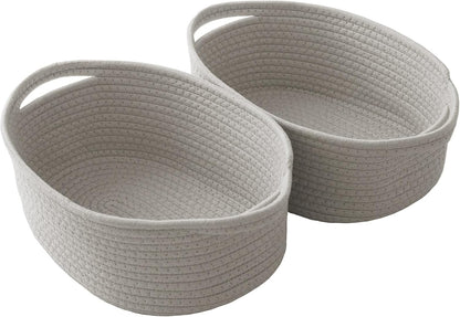 JMvicyroam Woven Basket,Small Rope Storage Bin with Handles & Ribbon Bag, Organizer for Shelves Closets,Gift Basket Empty for Birthday,Books,Dog Toys,White