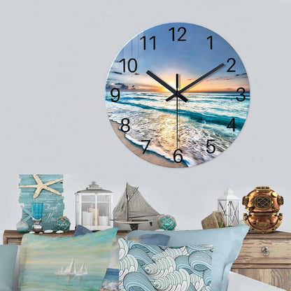Beach Wall Clock Battery Operated 12 Inch Glass Wall Clock Non Ticking Analog Blue Wall Clocks for Bedroom Living Room Office Decor