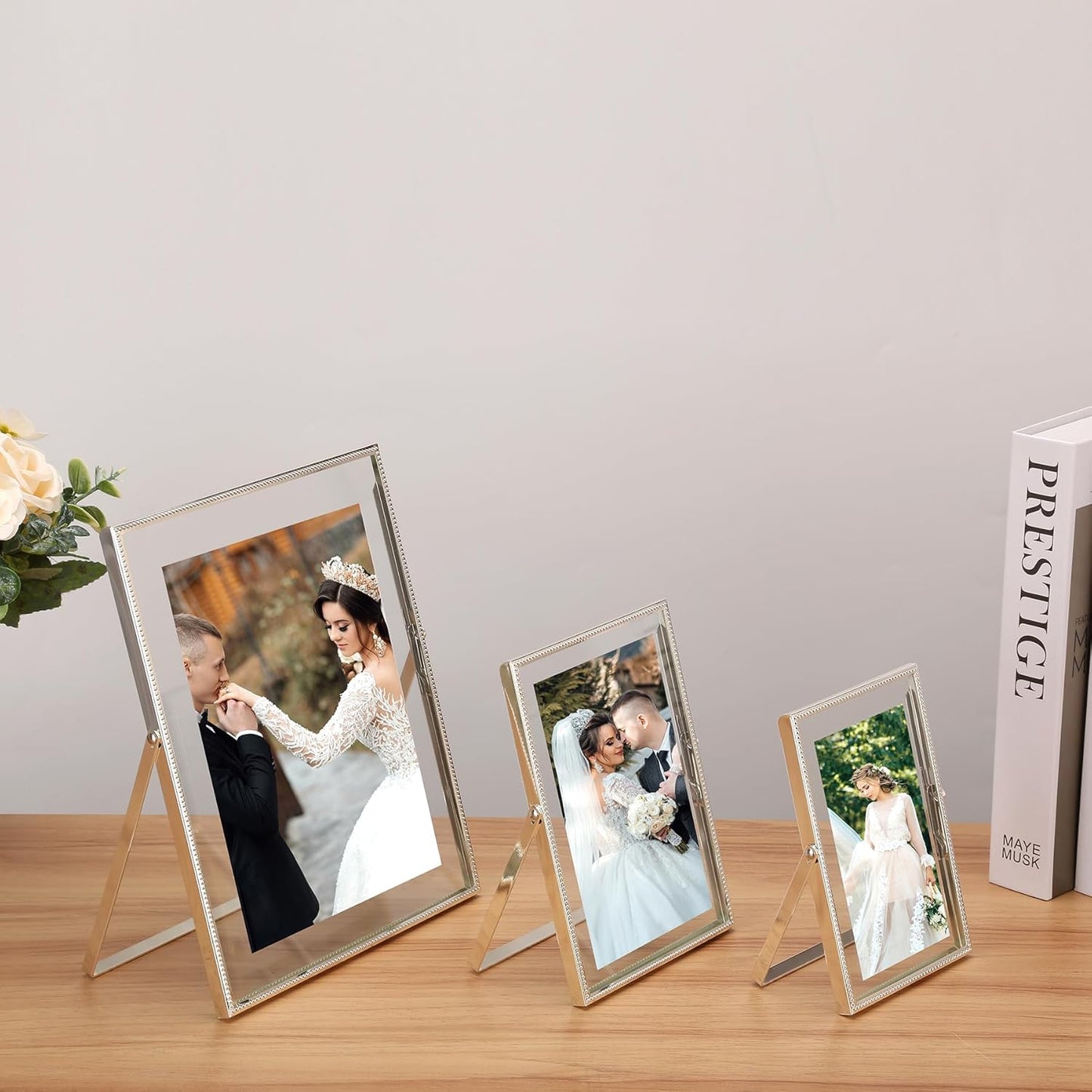 Gold 6x8'' Floating Photo Frame 2 Pack, Beaded Metal Frame Fits 3.5x5'', 4x6'' & 5x7'' Pictures, Adjustable Tabletop & Shelf Display, Elegant Wedding Gift for Home Decor