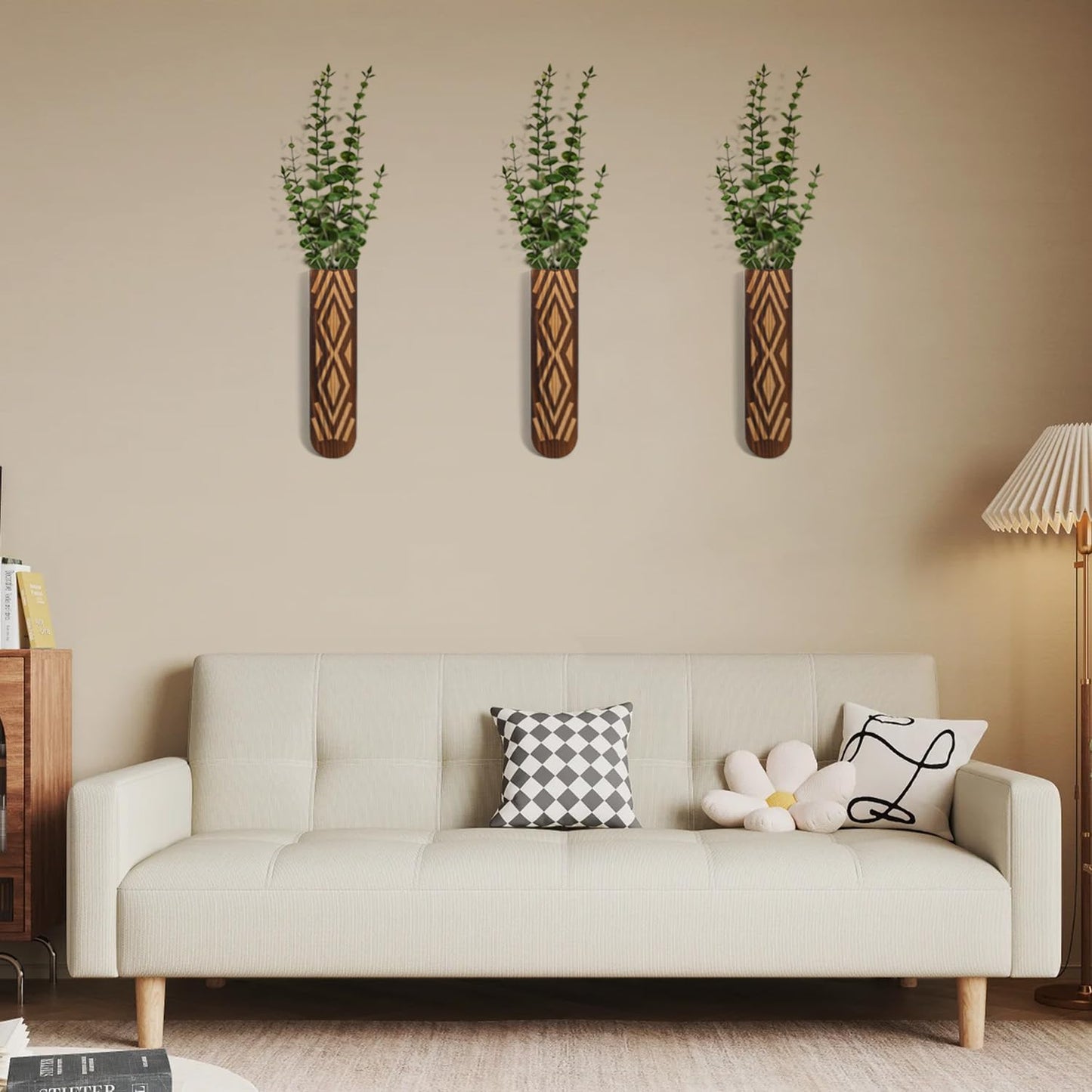 Wooden Wall Planter Set of 4 - Modern Home Decor for Living Room, Bedroom, Bathroom - Walnut Finish Planter for Dried Flowers, Faux Greenery, Indoor Plants