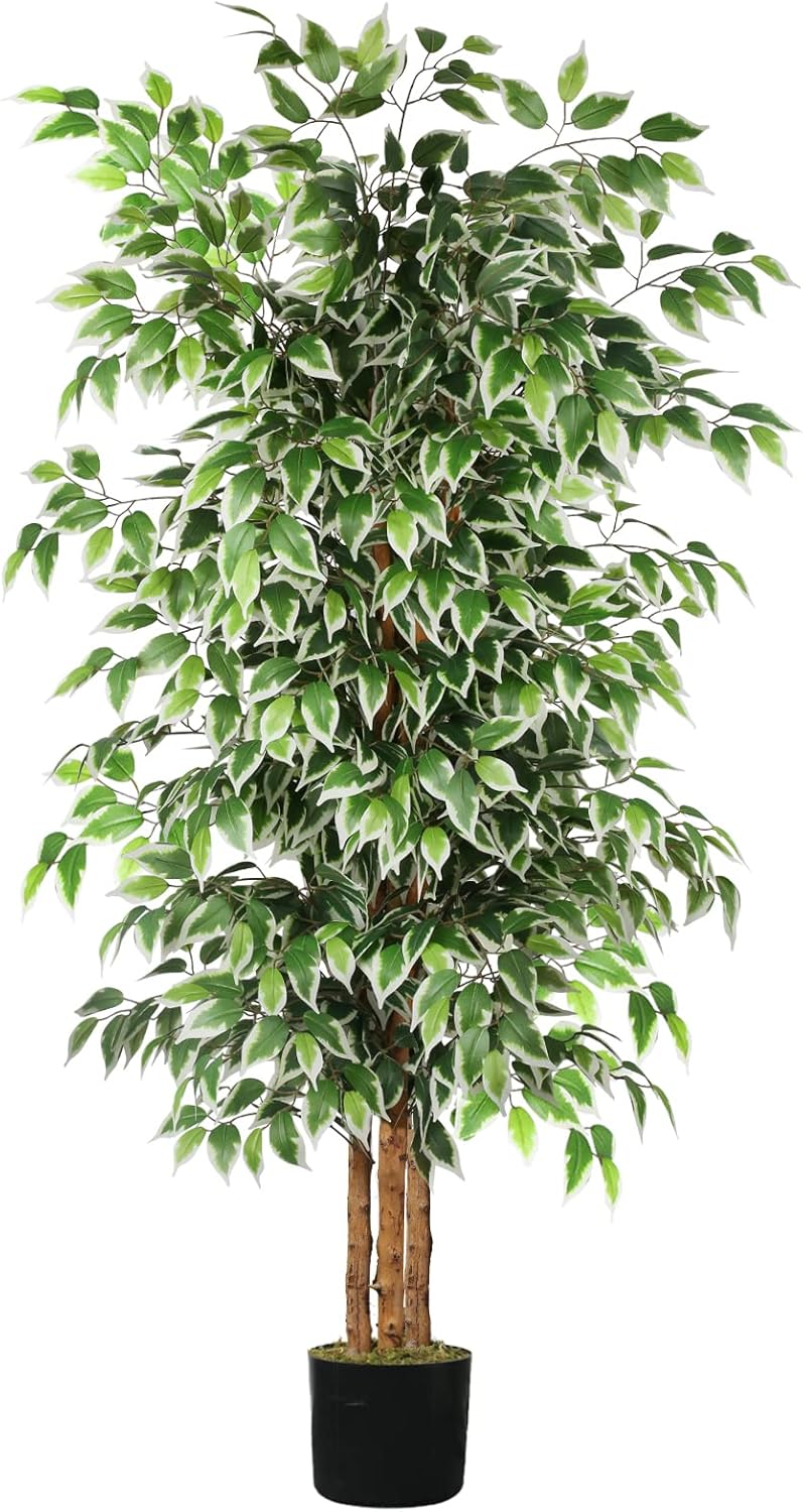 GTIDEA 6ft Artificial Tree Ficus, Tall Faux Trees Indoor with Natural Trunk and Fake Silk Tree Fake Plants for Home Spring Decor Living Room Outdoor Balcony House Office (Included Dried Moss)