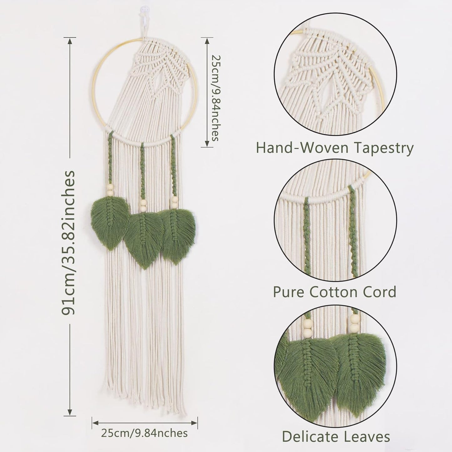 LB Boho Macrame Wall Hanging - Green and Beige Handmade Cotton Woven Decor, Modern Geometric Bohemian Tapestry Wall Decor for Bedroom Living Room Home (31.5"x9.84") Nature-Inspired Room Decor