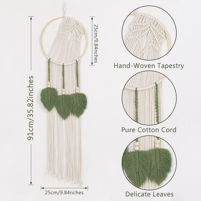 LB Boho Macrame Wall Hanging - Green and Beige Handmade Cotton Woven Decor, Modern Geometric Bohemian Tapestry Wall Decor for Bedroom Living Room Home (31.5"x9.84") Nature-Inspired Room Decor