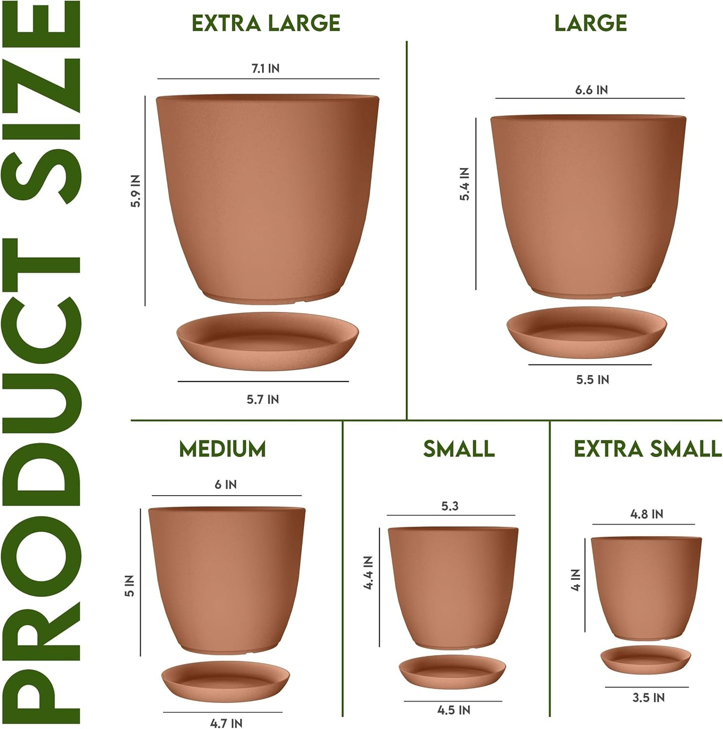 Utopia Home Plant Pots Indoor with Drainage Holes – Set of 5 White Plastic Flower Pots (7/6.6/6/5.3/4.8 Inch) – Modern Planters for Indoor Plants, Room & Office Décor, Great Stocking Stuffers