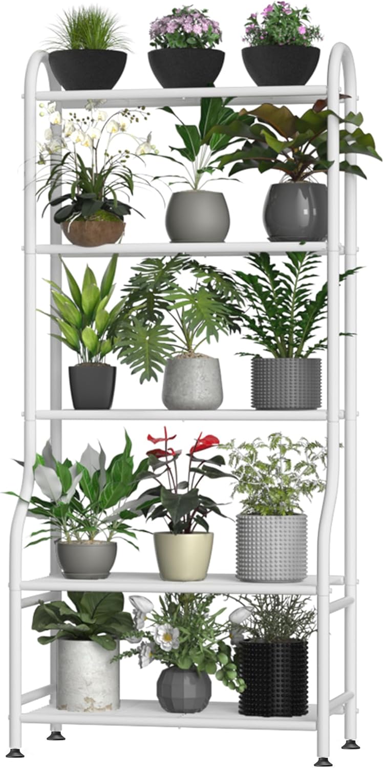 5-Tier Metal Plant Stand - Heavy Duty Indoor Outdoor Flower Shelf for Multiple Pots, 65" Tall Vertical Holder with Adjustable Leveling Feet & Wall-Fixing Kits, Black