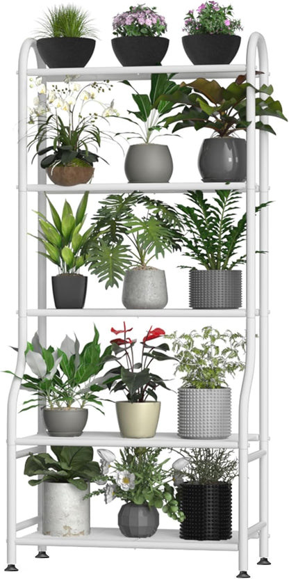 5-Tier Metal Plant Stand - Heavy Duty Indoor Outdoor Flower Shelf for Multiple Pots, 65" Tall Vertical Holder with Adjustable Leveling Feet & Wall-Fixing Kits, Black