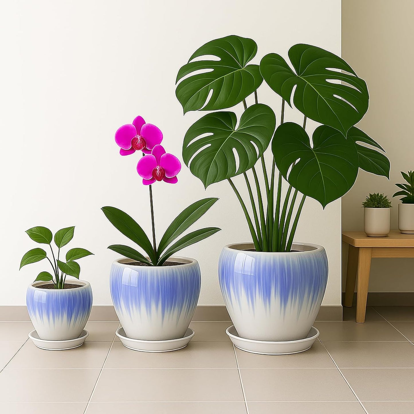 Deep Dream 6 Inch Plant Pots- Ceramic Planter Pot with Drainage Hole and Saucer, Round Flower Pot for Indoor Outdoor Succulent, Snake Plants and Cactus, Blue