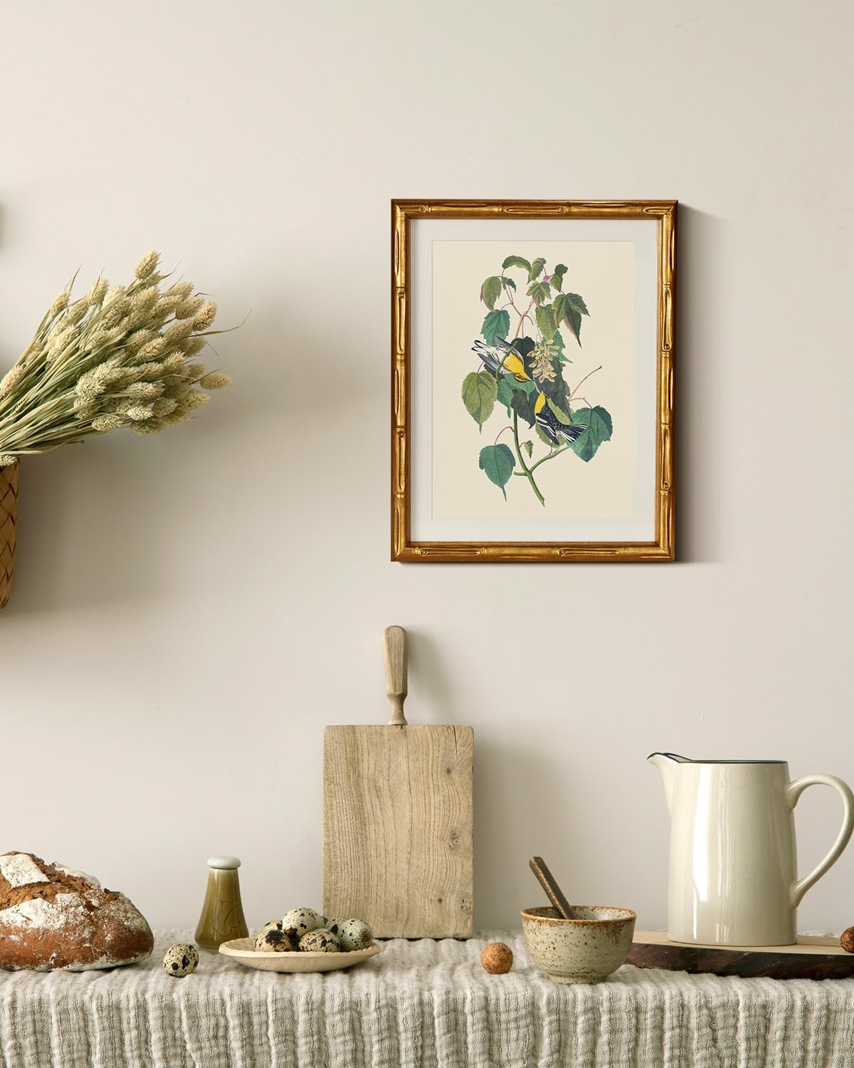 InSimSea Gold Bamboo Framed Canvas Wall Art, Retro Blue Hydrangea Botanical Prints, Antique Flowers Picture Frame with Mat, Victorian Home Wall Decor for Kitchen Living Room Bedroom, 11x14inch