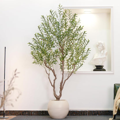 VIVATREES Olive Tree Artificial Indoor, 7FT Tall Faux Olive Tree with 16in Round White Planter, Artificial Plants with Natural Wood Trunk and Lifelike Fruits for Home Office Decor