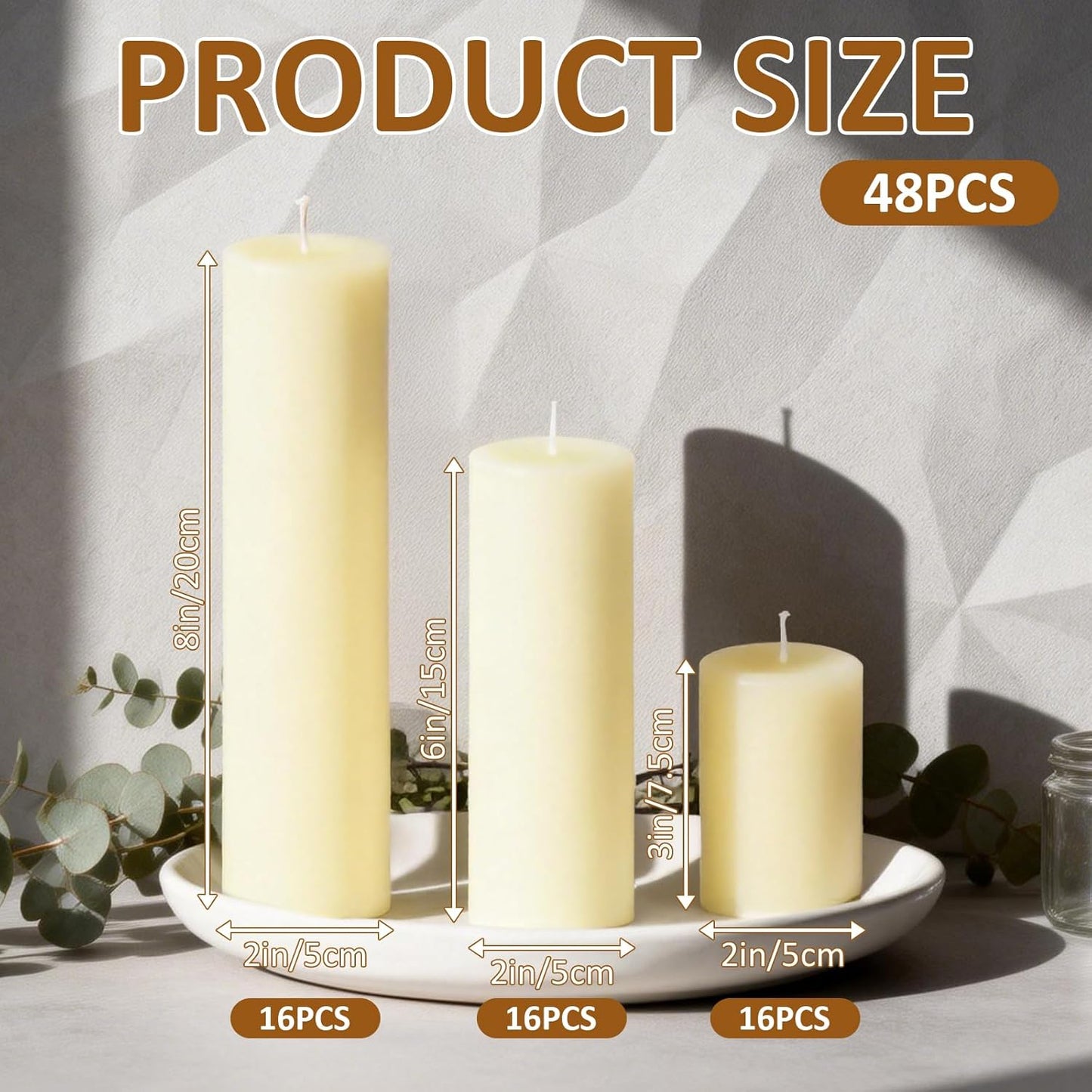 12-Pack Ivory Unscented Pillar Candle Set - 2x3, 2x6, 2x8-inch Long-Burning Drip-Free Tapers, 4 Per Size. Ideal for Home Decor, Weddings, Emergencies, and Holidays.