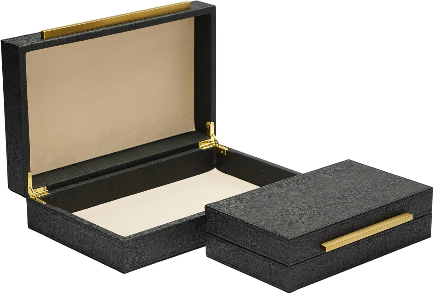 Sagala Set of 2 Ivory Shagreen Decorative Boxes With Brushed Gold Metal Handles, Faux Leather Jewelry Boxes Modern Storages Photo Memory Boxes Home Organizer Boxes (Ivory-Gold, 2pack)