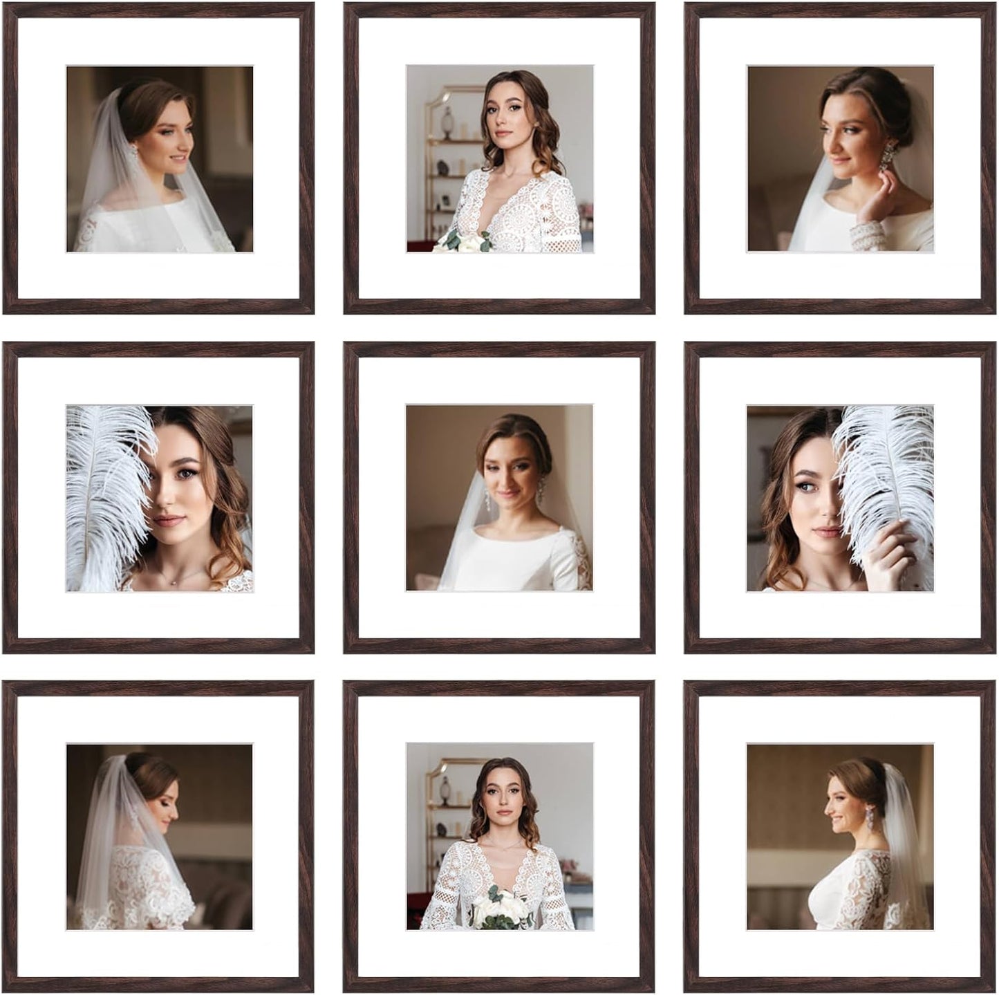 12x12 Picture Frame Set of 9, Display Pictures 8x8 with Mat or 12x12 without Mat, Multi Collage Gallery Square Photo Frames for Wall or Tabletop, Black