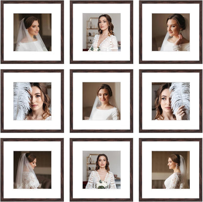 12x12 Picture Frame Set of 9, Display Pictures 8x8 with Mat or 12x12 without Mat, Multi Collage Gallery Square Photo Frames for Wall or Tabletop, Black