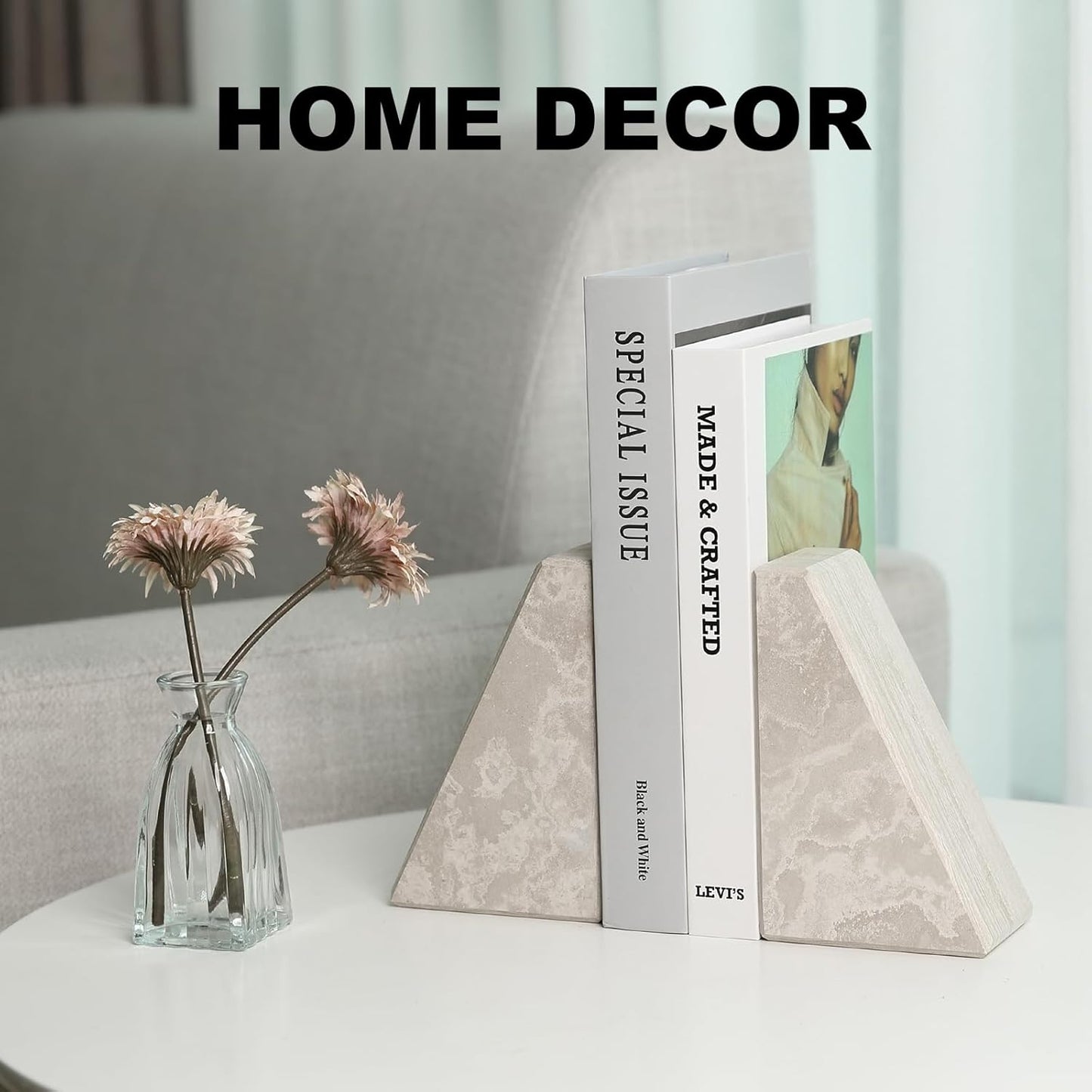 Karibiber Travertine Bookends for Heavy Books, Marble Decorative Bookends for Shelves, Heavy-Duty Stone Book Ends for Hardback Book & Cookbooks, Unique Book Stopper & Holder, Travertino Italy