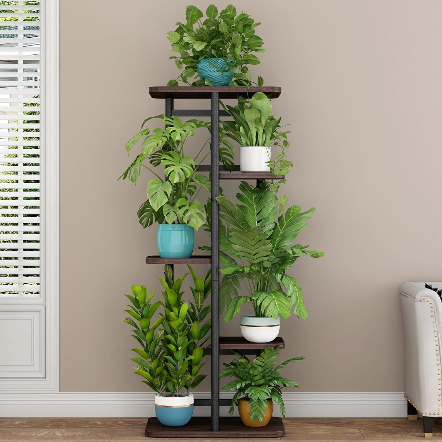 LINZINAR Plant Stand Indoor 4 Tier 5 Potted Multiple Plant Shelf Stands for Garden Corner Balcony Living Room Black