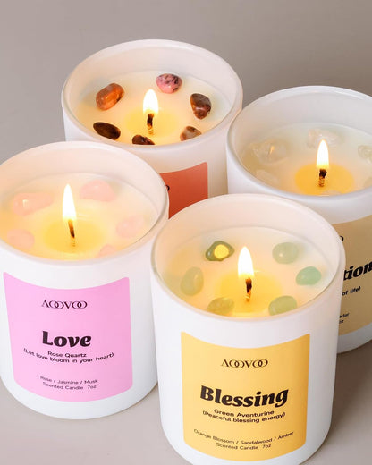 AOOVOO Calm Candles Set for Women - 4 Pack Candles for Home Scented, 28 oz 200 Hour Burn, Aromatherapy Candle with Crystals, Lavender Calm/Jasmine Serenity/Water Lily Pear Harmony/Patchouli Balance