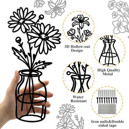3 Pcs Metal Vase Wall Arts,Iron Art Painting,Rustic Farmhouse Decor Minimalist Flower Wall Decor for Bedroom Bathroom Living Room Dining Room(Blue, Vase-D)