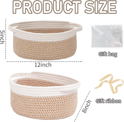 JMvicyroam Woven Basket,Small Rope Storage Bin with Handles & Ribbon Bag, Organizer for Shelves Closets,Gift Basket Empty for Birthday,Books,Dog Toys,White