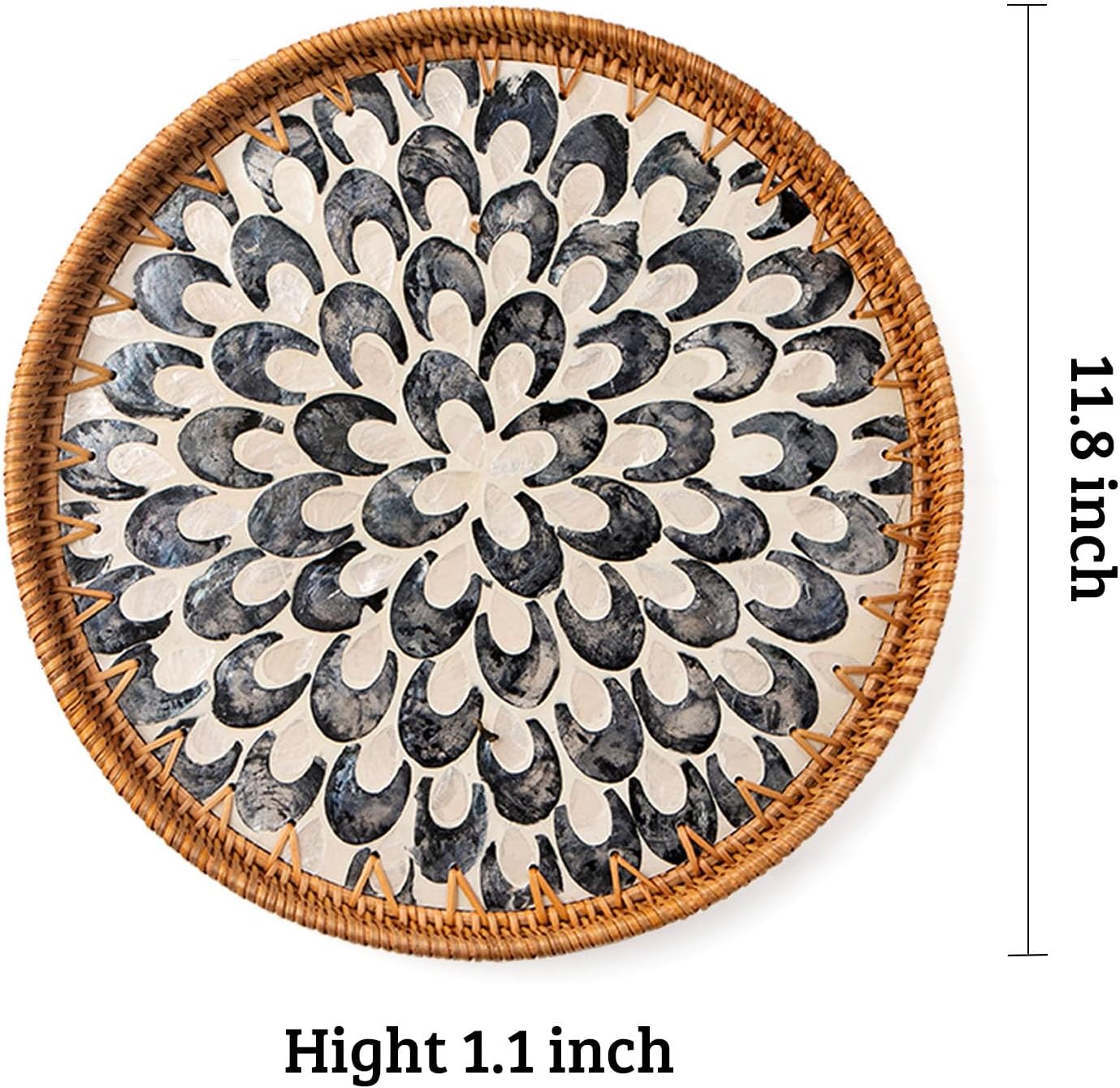 Round Rattan Tray with Mother of Pearl Inlay, Decorative Wicker Serving Tray with Wooden Base, Woven Basket Trays for Bread Fruits Coffee, Leaf