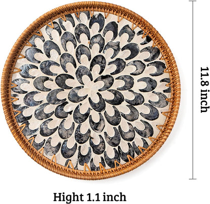 Round Rattan Tray with Mother of Pearl Inlay, Decorative Wicker Serving Tray with Wooden Base, Woven Basket Trays for Bread Fruits Coffee, Leaf