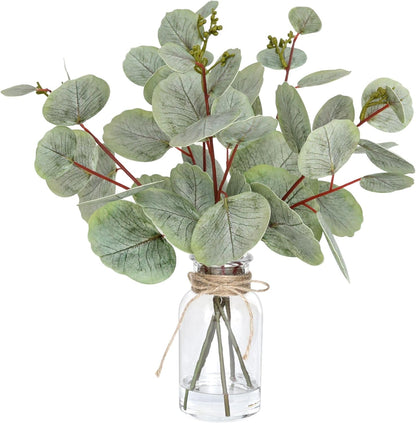 Muhanjia Artificial Eucalyptus Stems in Glass Vase with Faux Water,3Pcs Fake Plant with Double-Sided Green Leaves for Centerpiece(Double-Sided Green Eucalyptus)