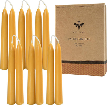 Natural Beeswax Taper Candles, DEYBBY Smokeless and Dripless Beeswax Candles, Long Lasting Burning, Nontoxic, 8 inch, 6 Pack