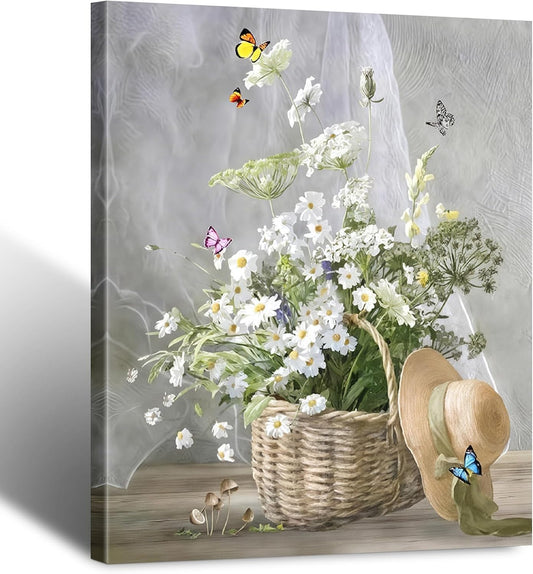Moody Flower Books Canvas Wall Art, Framed Wall Art Vintage Floral Books Still Life Pictures Rustic Antique Prints Dark Academia Floral Artwork for Bedroom Living Room Decor (12x16inch)