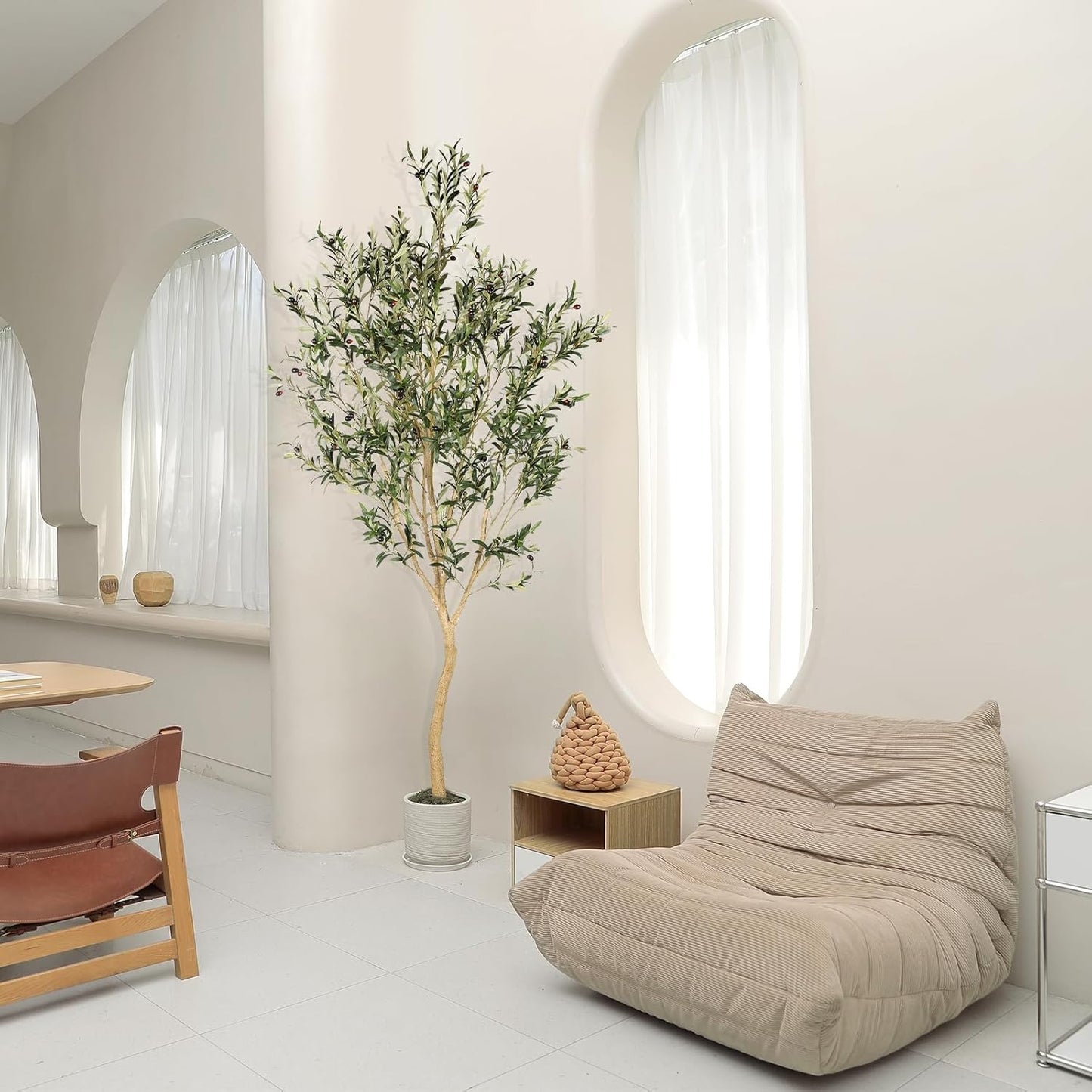 Realead Faux Olive Tree 7ft - Realistic Tall Olive Trees Artificial Indoor - Large Fake Olive Tree with Natural Wood Trunk and Lifelike Leaves - Artificial Olive Tree for Home Office Decor