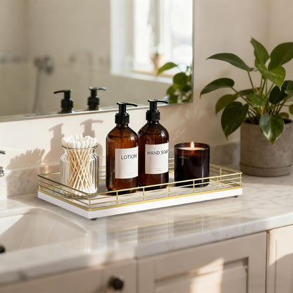Bathroom Vanity Tray for Countertop, 12" x 6" Acacia Wood Toilet Tank Tray with Metal Guardrail, Bathroom Organizer for Soap, Perfume & Skincare, Non-Slip Decorative Tray for Dresser, Black & Acacia
