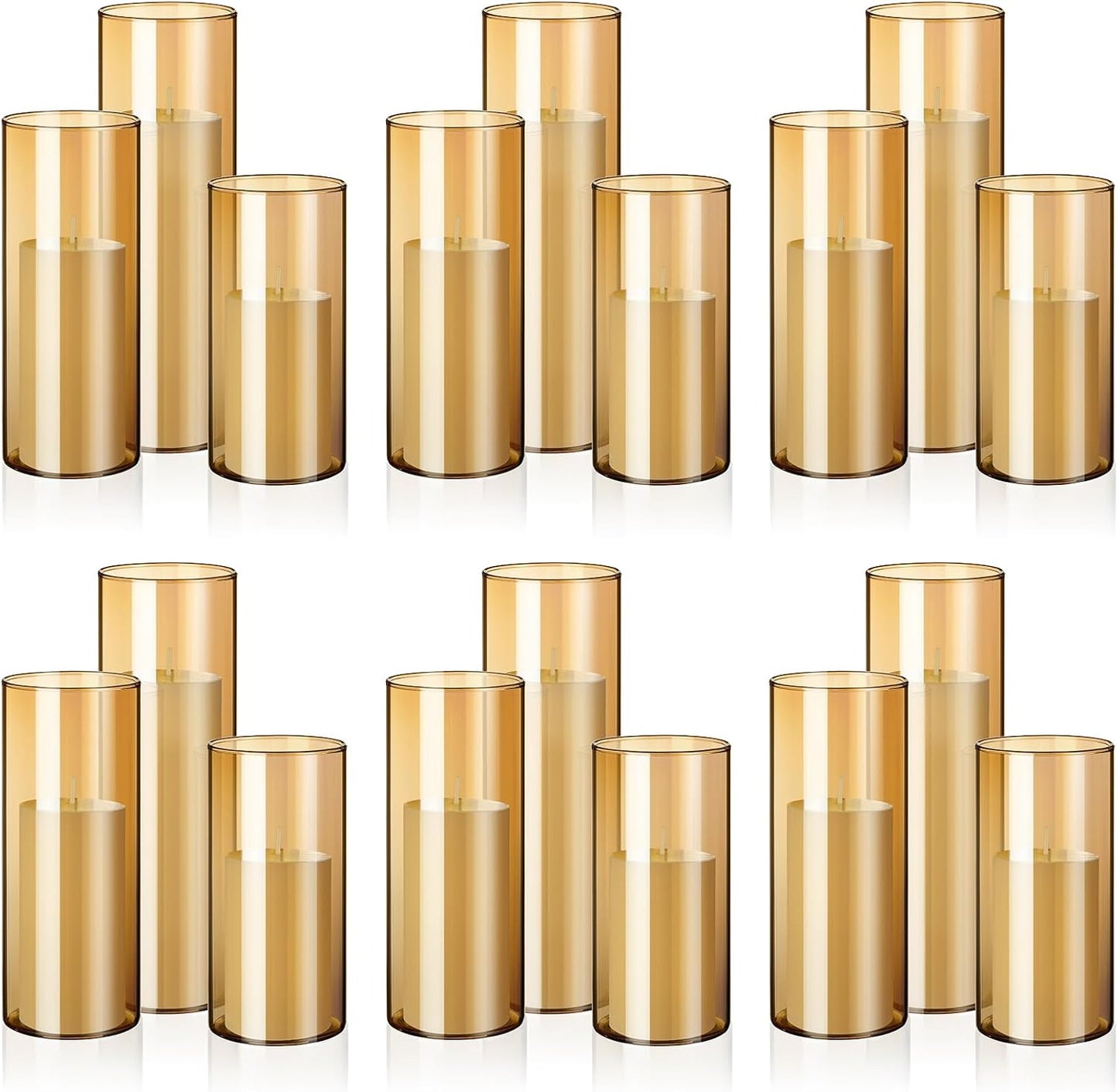 Shihanee 36 Pcs Pillar Candles and Glass Cylinder Vases Tall Cylinder Holders for Pillar Candles Wedding Centerpieces, Total 18 Sets(2.6'' X 4.7'', 5.9'', 7.9'',Clear,Ivory)