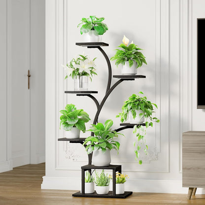 BACEKOLL Plant Stand Indoor with Grow Lights, 7 Tiered Indoor Plant Shelf, 49" Corner Plant Stands for Indoor Plants, Metal Plant Flower Display Shelf, Tree-Shaped Plant Rack for Home, Patio, Brown