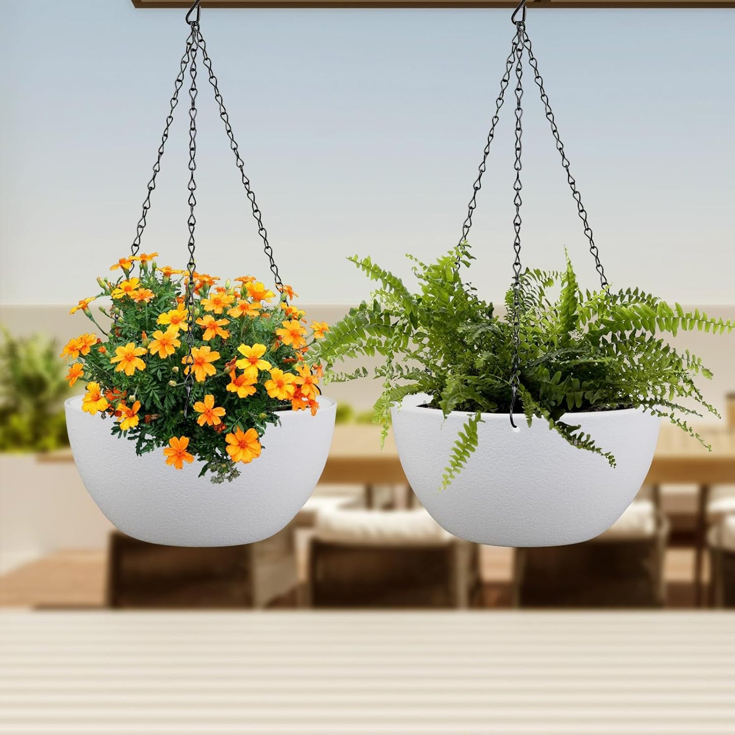 Meowell 10 inch Hanging Planters for Indoor Outdoor Plants, 2 Pack Hanging Flower Pots with Drainage Holes and Chain for Garden Porch, Plastic Hanging Baskets for House Plants, Speckled Grey