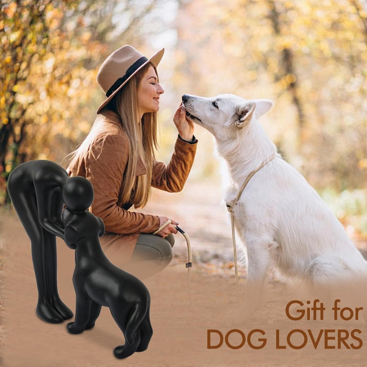 Abstract Resin Hand-Painted Sculpture of Person and Dog Bonding – Head-to-Head Intimate Figurine Decoration for Office、Living Room、Bedroom、Home， Memory Gifts for Pet Lovers (Sandstone)