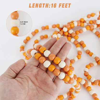 CVHOMEDECO. 16 Feet Wood Beads Garland with Tassels Farmhouse Rustic Wooden Decorative Bead String Wall Hanging Accent for Home Festival Decor. Orange