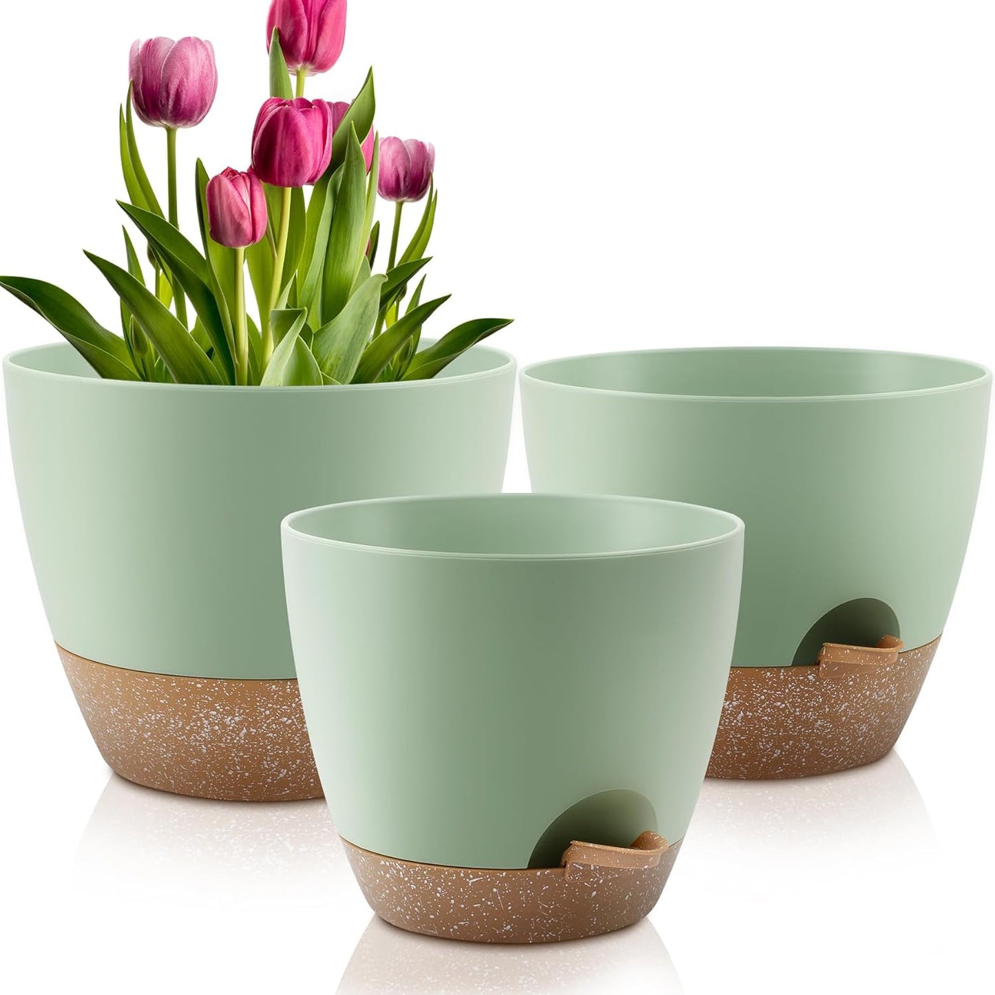 QRRICA Plant Pots 10/9/8/7.5/7 Inch Self Watering Pots, Set of 5 Plastic Planters with Drainage Holes and Saucers,Plastic Flower Pots,Nursery Planting Pot for Indoor Out Door Plants（Green）