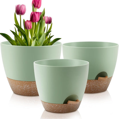 QRRICA Plant Pots 10/9/8/7.5/7 Inch Self Watering Pots, Set of 5 Plastic Planters with Drainage Holes and Saucers,Plastic Flower Pots,Nursery Planting Pot for Indoor Out Door Plants（Green）