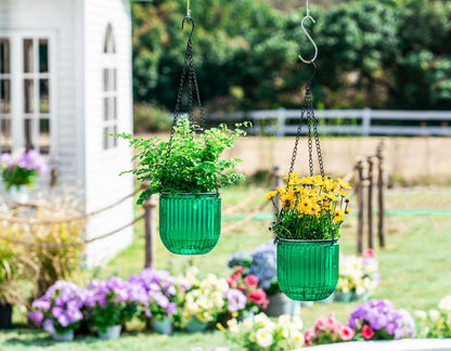 Melphoe 2 Pack Self Watering Hanging Planters Indoor Flower Pots, 6.5 Inch Outdoor Hanging Basket, Plant Hanger with 3Hooks Drainage Holes for Garden Home (Emerald)