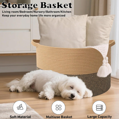 Large Woven Blanket Basket,65L Cotton Rope Laundry Basket Hamper with Handles, Decorative Nursery Basket Storage Bin for Toys, Clothes Organizer, Living Room, Bedroom, Bathroom, White & Brown