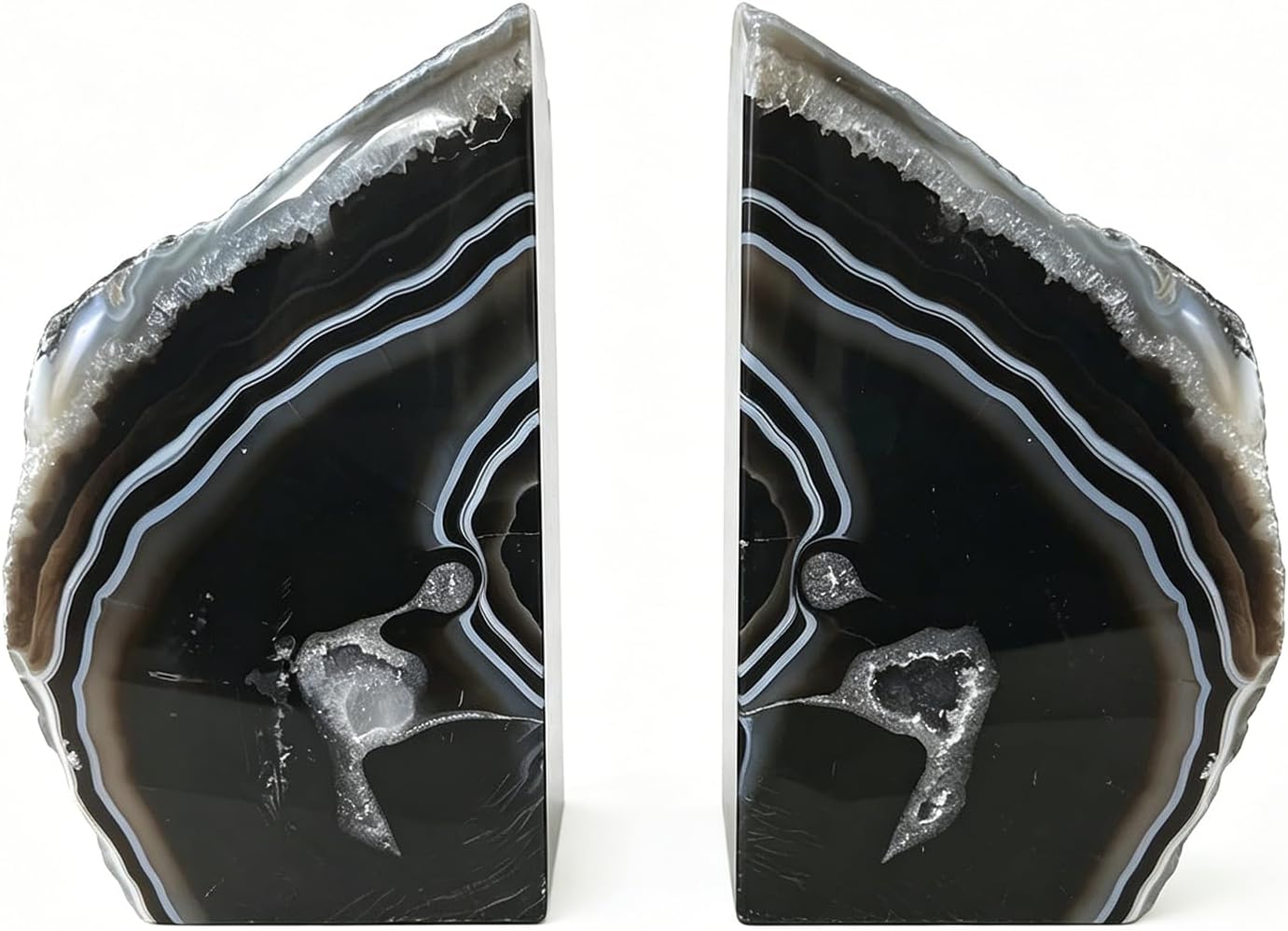 JIC Gem Dyed Blue Agate Bookends Geode Decorative Book Ends for Heavy Books with Rubber Bumpers for Office and Home Decoration Polished Small Size 2 to 3 Lbs