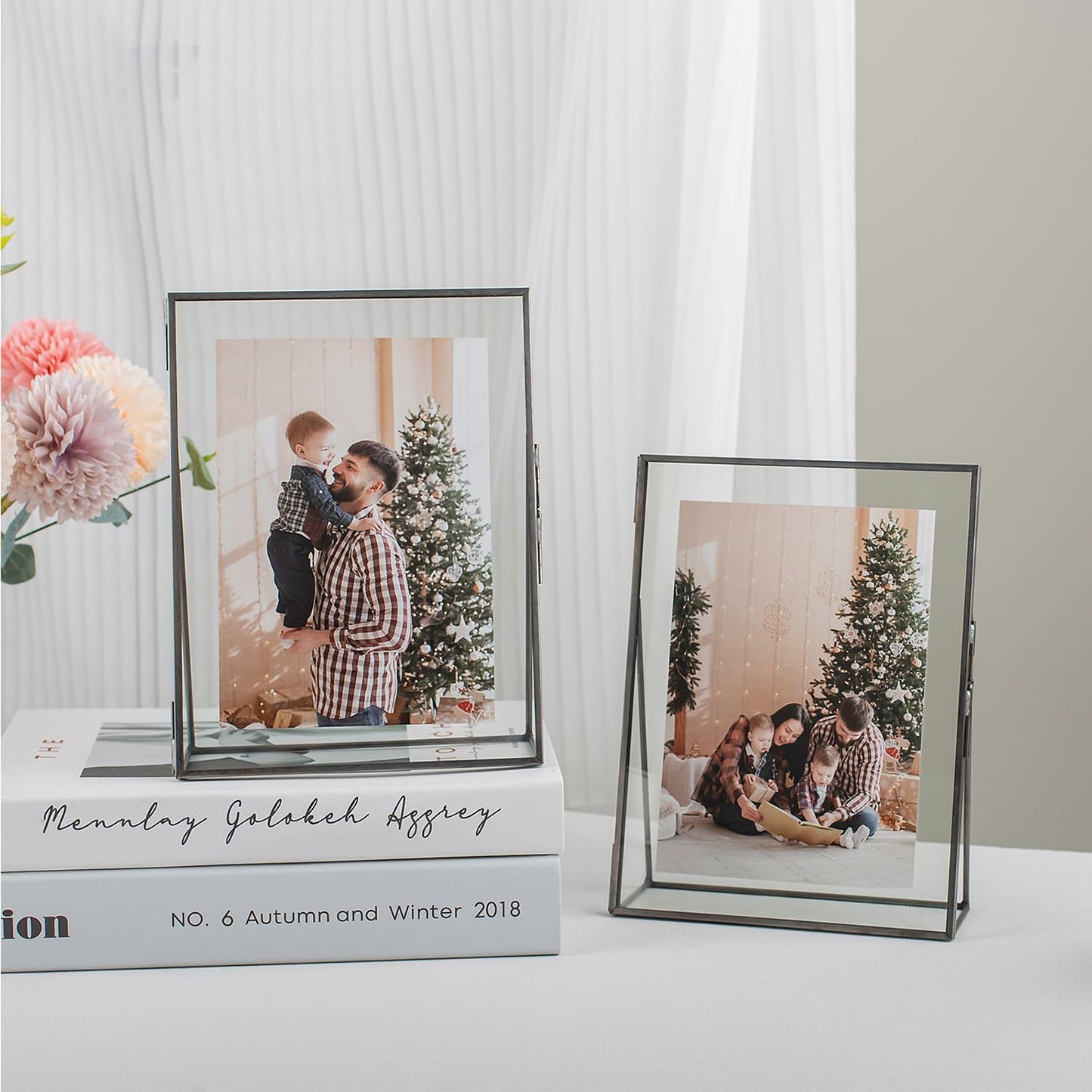 Gold Floating Picture Frame Set of 2, 10"x12" Glass Pressed Flower Picture Frames, Tabletop Standing Glass Floating Frame for 8x10 Photo Display