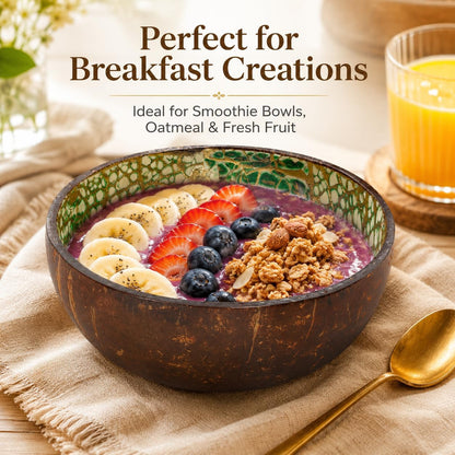 ChezMax Natural Coconut Bowl with Mother of Pearl Inlays - Key Bowl & Fruit Snack Holder (Blue-Gold)