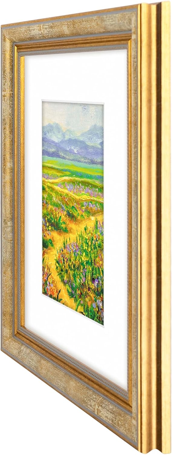Golden State Art,11x14 Ornate Picture Frame for 8x10 Photo with Mat or 11 x 14 Prints without Mat,Real Glass Wall Display(Color:Green Gold)