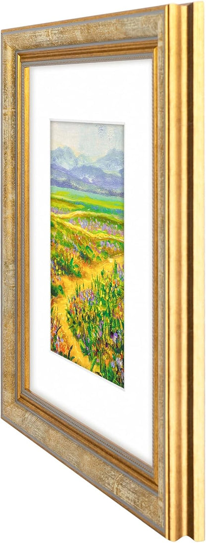 Golden State Art,11x14 Ornate Picture Frame for 8x10 Photo with Mat or 11 x 14 Prints without Mat,Real Glass Wall Display(Color:Green Gold)