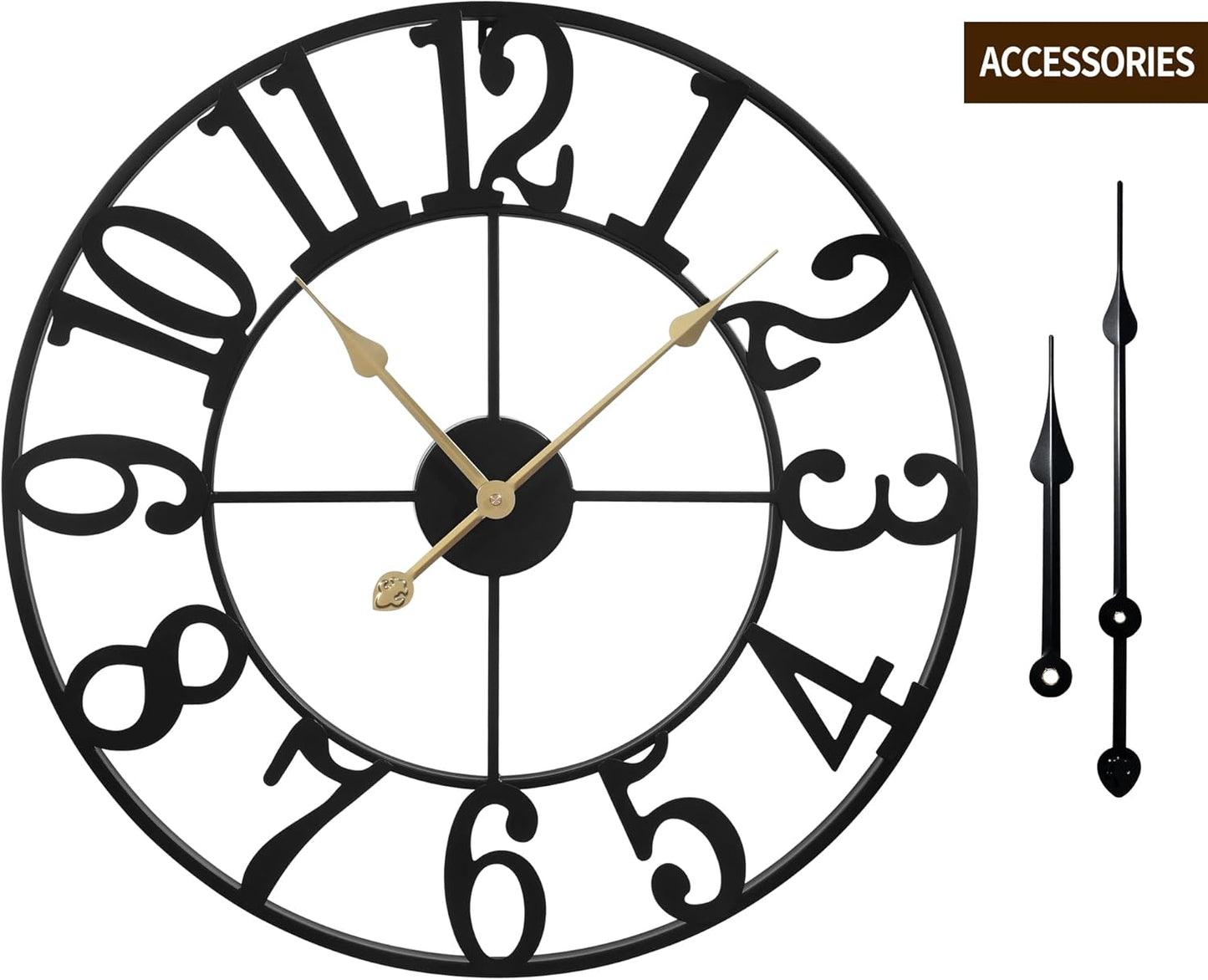 LEIKE 16" Large Wall Clocks Battery Operated, Round Modern Silent Non-Ticking Black Metal Wall Clock for Living Room Decor, Bedroom Kitchen (40cm Diameter, Black Roman Number)