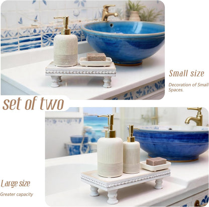 Wood Tray Pedestal Stand, Waterproof Bathroom Counter Organizer, Modern Farmhouse Riser for Soap/Candle/Sponge White Small