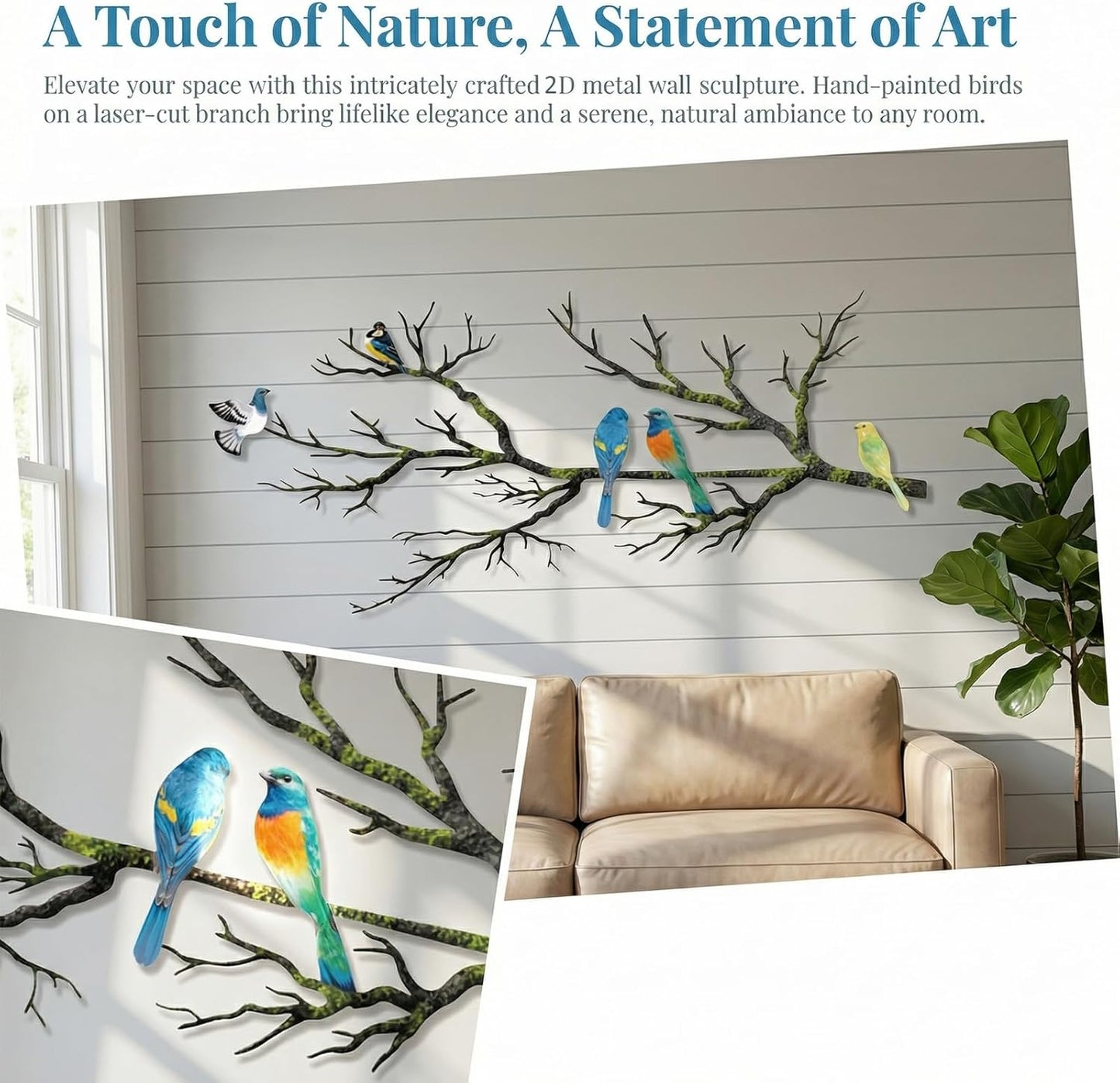 Metal Birds Wall Art, Metal Vivid Birds on Branch Silhouette Wall Decor Black Leaves with Bird Outdoor Hanging Wall Sculpture for Home Balcony Garden(Large)