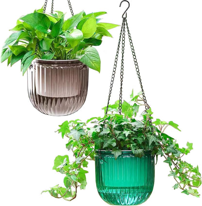 Melphoe 2 Pack Self Watering Hanging Planters Indoor Flower Pots, 6.5 Inch Outdoor Hanging Basket, Plant Hanger with 3Hooks Drainage Holes for Garden Home (Emerald)