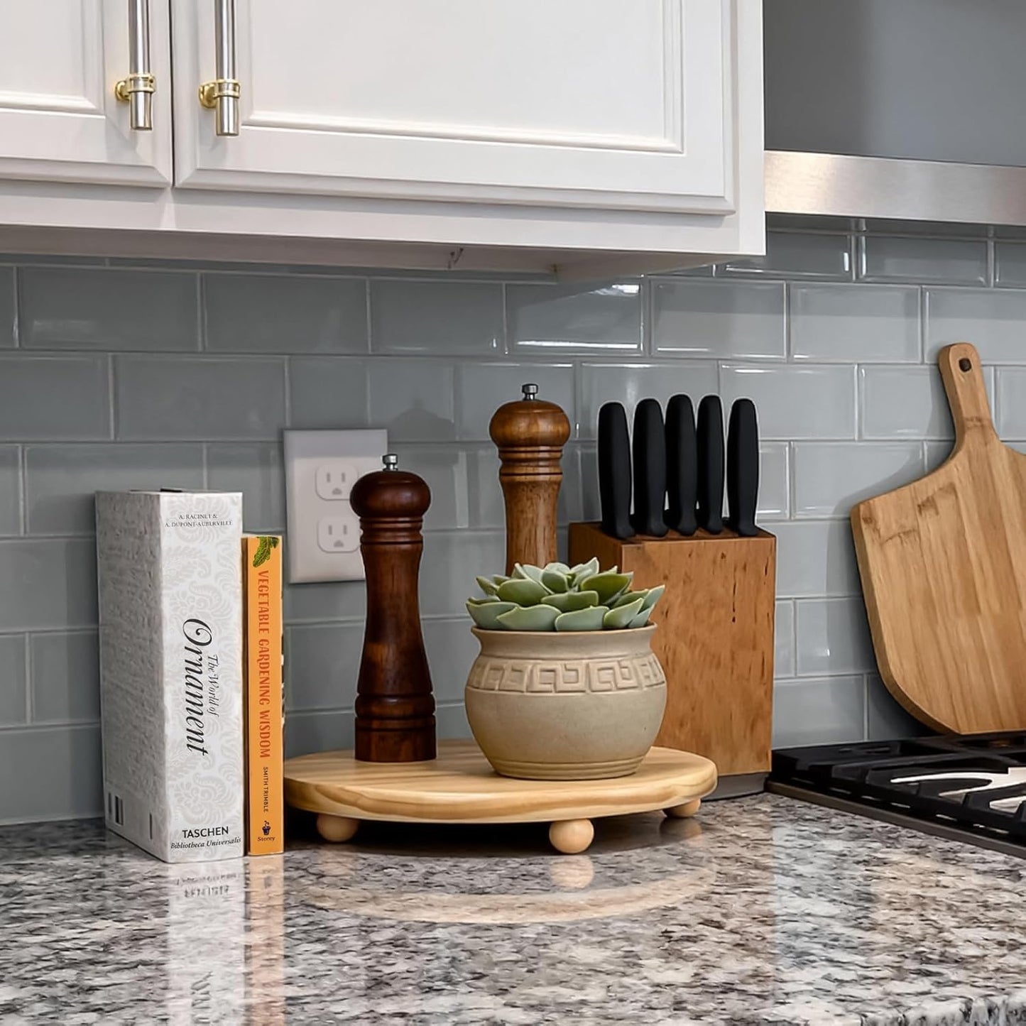 HillSpring Wood Pedestal Stand, 12“ Round Wood Riser for Kitchen Bathroom Counter Organizer, Sturdy Farmhouse Display Tray to Elevate Soap Dispenser, Plants, Vases